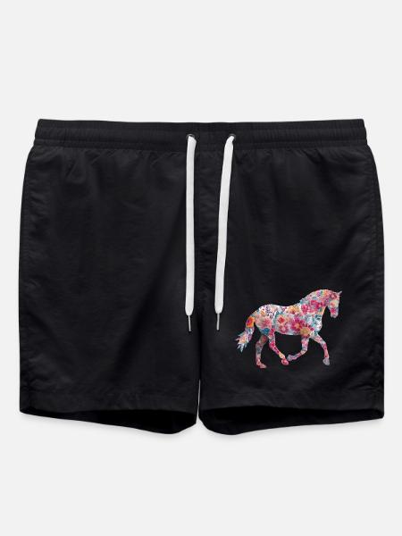 Horse Floral Pattern - Swim Trunks - black