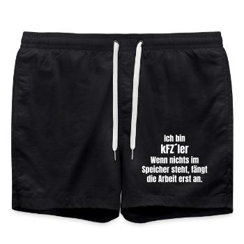 Motor vehicle saying: Work is just beginning - Swim Trunks - black - Front - AI Model Male 185 light (185cm)