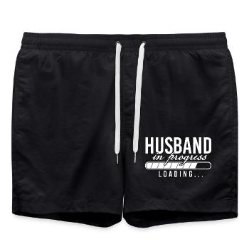 Husband Loading Bachelor Party Groom Squad - Swim Trunks - black - Front - AI Model Male 185 light (185cm)