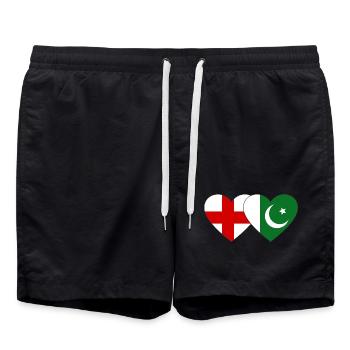 England Pakistan flag heart used - Swim Trunks - black - Front - AI Model Male 185 light (185cm)