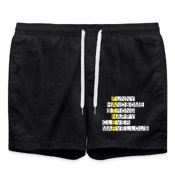 Helle Adjektive: Stark und glücklich - Badeshorts - Schwarz - Vorne - AI Model Male 185 light (185cm)