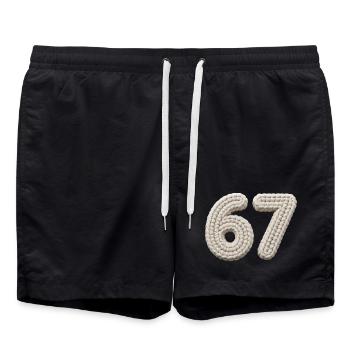 67 Memes – Knitted Number in Beige - Swim Trunks - black - Front - AI Model Male 185 light (185cm)