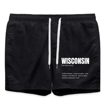 Wisconsin block font style - Swim Trunks - black - Front - AI Model Male 185 light (185cm)