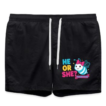 Gender Reveal He Or She Cousin To Bee Baby Shower - Swim Trunks - black - Front - AI Model Male 185 light (185cm)