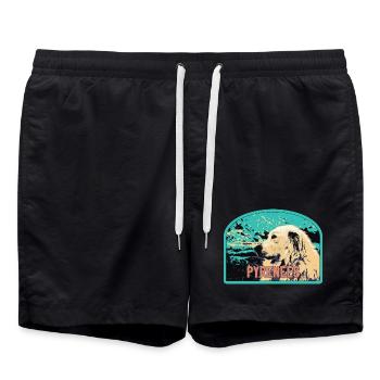 Pyrenäen-Schäferhund-Aufnäher: Berggefährte - Badeshorts - Schwarz - Vorne - AI Model Male 185 light (185cm)
