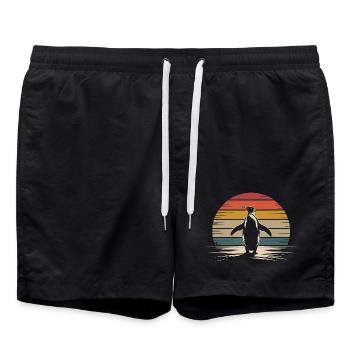 Retro Penguin Silhouette with Sunset Background - Swim Trunks - black - Front - AI Model Male 185 light (185cm)