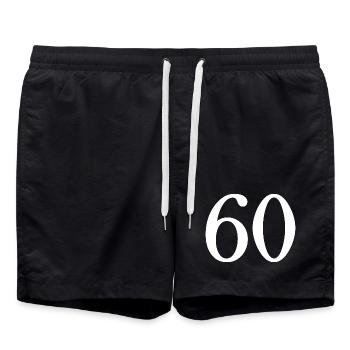 60. 60 JAHRE. 60-JÄHRIGES JUBILÄUM. 60. GEBURTSTAG. - Badeshorts - Schwarz - Vorne - AI Model Male 185 light (185cm)