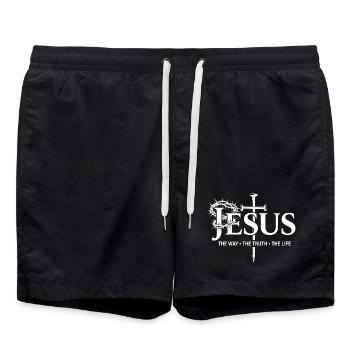 Jesus Kreuz: Der Weg Wahrheit Leben Gott Glaube - Badeshorts - Schwarz - Vorne - AI Model Male 185 light (185cm)