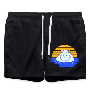 Hippopotamus Swimming Water Sun Cute Comic Cartoon - Swim Trunks - black - Front - AI Model Male 185 light (185cm)