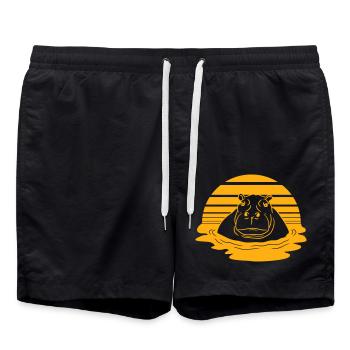 Hippopotamus Swimming Water Sun Cute Comic Cartoon - Swim Trunks - black - Front - AI Model Male 185 light (185cm)