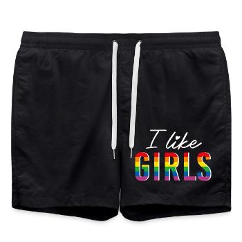 LGBTQIA+ I like girls Rainbow Flag lesbian - Swim Trunks - black - Front - AI Model Male 185 light (185cm)