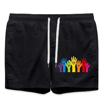 Colorful Hands with Hearts - Everyone is welcome here - Swim Trunks - black - Front - AI Model Male 185 light (185cm)