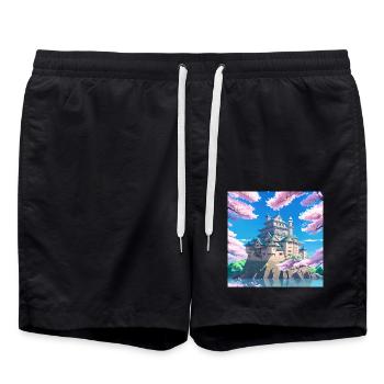 Japanese Castle surrounded by Cherry Blossom Trees - Swim Trunks - black - Front - AI Model Male 185 light (185cm)