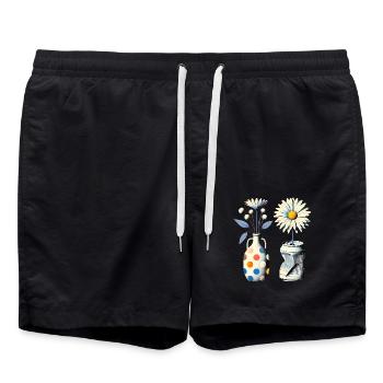 Vintage-Gänseblümchen in skurrilen Vasen - Badeshorts - Schwarz - Vorne - AI Model Male 185 light (185cm)