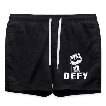 DEFY – Fist of Resistance - Swim Trunks - black - Front - AI Model Male 185 light (185cm)