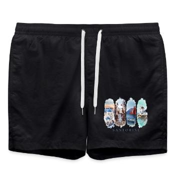 Santorini Vacation Travel – Greece Island Motif - Swim Trunks - black - Front - AI Model Male 185 light (185cm)