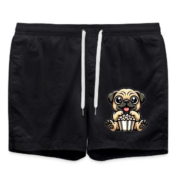 Mops im Kino, Popcorn & Karnevalskostüm - Badeshorts - Schwarz - Vorne - AI Model Male 185 light (185cm)