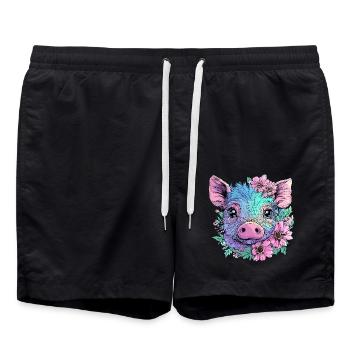 Cute pastel pig with flowers - Swim Trunks - black - Front - AI Model Male 185 light (185cm)