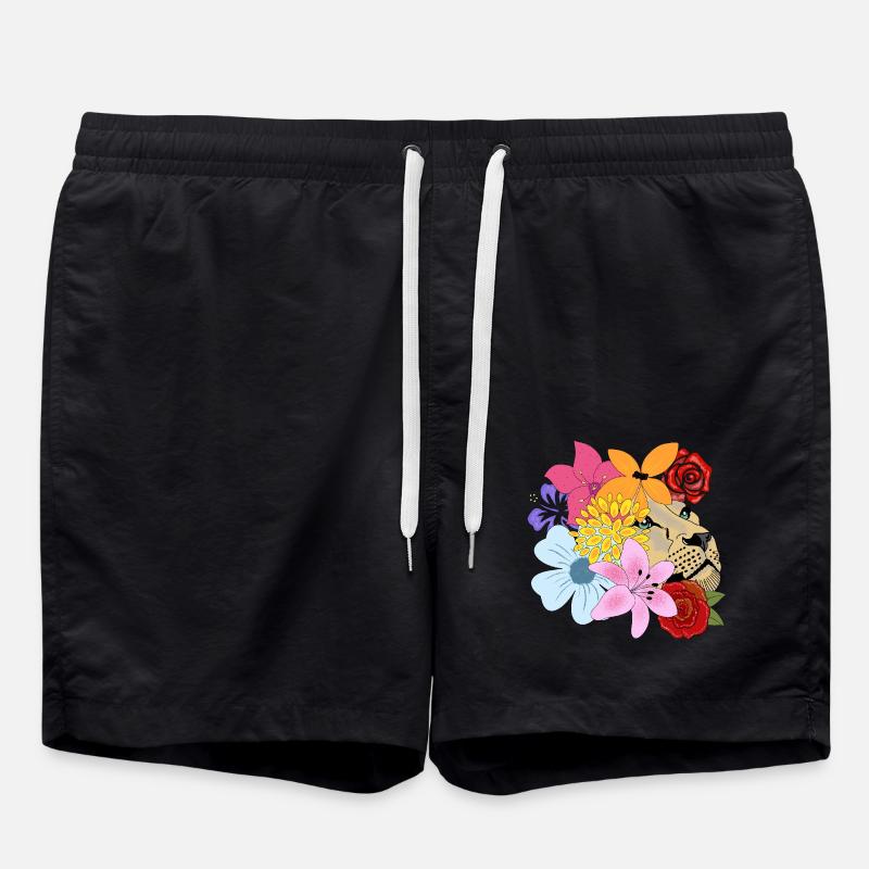 Löwin mit Blumen - Badeshorts - Schwarz