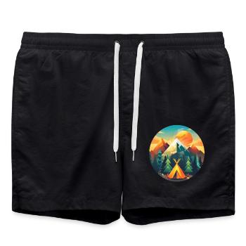 Camping Design Moderne Rétro – Tente Low Poly & Montagne - Short de bain - noir - Devant - AI Model Male 185 light (185cm)