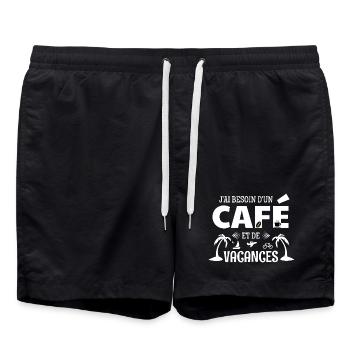 T-shirt humour café – Café et vacances - Short de bain - noir - Devant - AI Model Male 185 light (185cm)