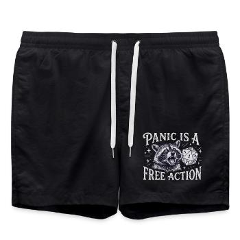 Panic is a Free Action – Raccoon D20 Design - Swim Trunks - black - Front - AI Model Male 185 light (185cm)