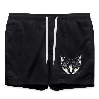 white cat head with green cat eyes - Swim Trunks - black - Front - AI Model Male 185 light (185cm)
