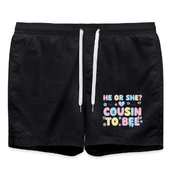 Gender Reveal He Or She Cousin To Bee Baby Shower - Swim Trunks - black - Front - AI Model Male 185 light (185cm)