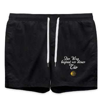 Der Weg beginnt vor deiner Tür | Jakobsweg, Pilger - Badeshorts - Schwarz - Vorne - AI Model Male 185 light (185cm)