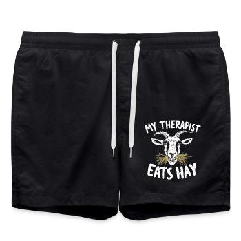 Ziegen-Humor – Mein Therapeut frisst Heu - Badeshorts - Schwarz - Vorne - AI Model Male 185 light (185cm)