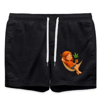 Zwergin in Hängematte mit Cannabispflanze - Badeshorts - Schwarz - Vorne - AI Model Male 185 light (185cm)