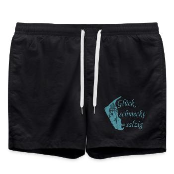 Glück schmeckt salzig – Amrum Nordsee Insel Design - Badeshorts - Schwarz - Vorne - AI Model Male 185 light (185cm)