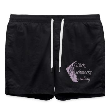 Glück schmeckt salzig – Amrum Nordsee Insel Design - Badeshorts - Schwarz - Vorne - AI Model Male 185 light (185cm)