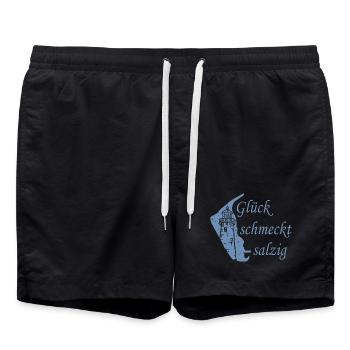 Glück schmeckt salzig – Amrum Nordsee Insel Design - Badeshorts - Schwarz - Vorne - AI Model Male 185 light (185cm)