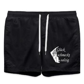 Glück schmeckt salzig – Amrum Nordsee Insel Design - Badeshorts - Schwarz - Vorne - AI Model Male 185 light (185cm)