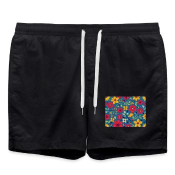 Motif floral avec rouge et jaune sur bleu - Short de bain - noir - Devant - AI Model Male 185 light (185cm)
