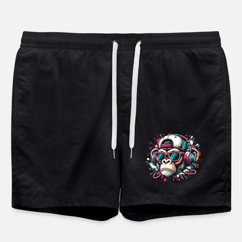 Cool monkey with sunglasses and beats - Swim Trunks - black