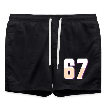 6 7 – Trendiges, minimalistisches Textdesign, - Badeshorts - Schwarz - Vorne - AI Model Male 185 light (185cm)