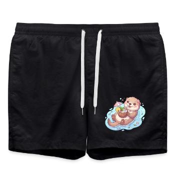 Cute Kawaii Otter Floating with Coconut Drink - Swim Trunks - black - Front - AI Model Male 185 light (185cm)