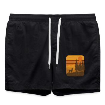 Sunset Silence – Retro Deer & Forest Vibes - Badeshorts - Schwarz - Vorne - AI Model Male 185 light (185cm)