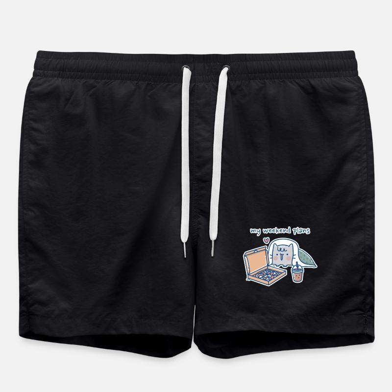 Kawaii Cat with Pizza Design - Swim Trunks - black