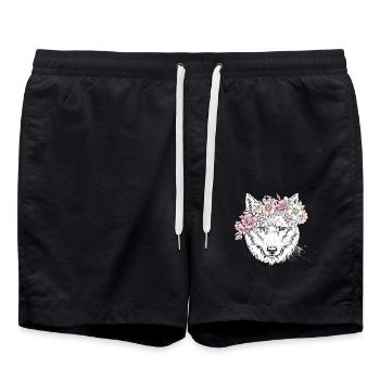 white wolf with flowers - Wolf Tshirt - Swim Trunks - black - Front - AI Model Male 185 light (185cm)