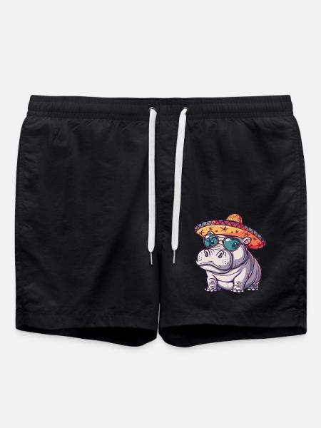 Hippopotamus Funny Sombrero - Swim Trunks - black