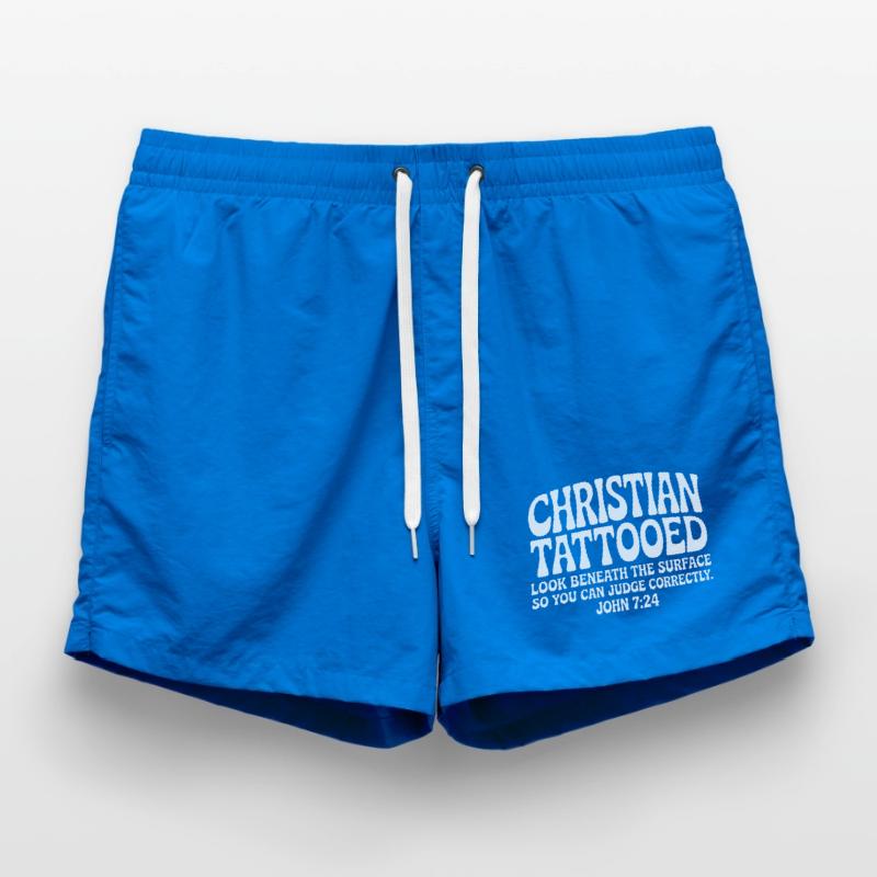 Christian Tattooed Look Beneath Surface Swim Trunks