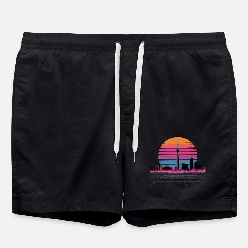Neon Skyline Retro Sunset - Swim Trunks - black