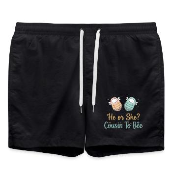 Gender Reveal He Or She Cousin To Bee Baby Shower - Swim Trunks - black - Front - AI Model Male 185 light (185cm)