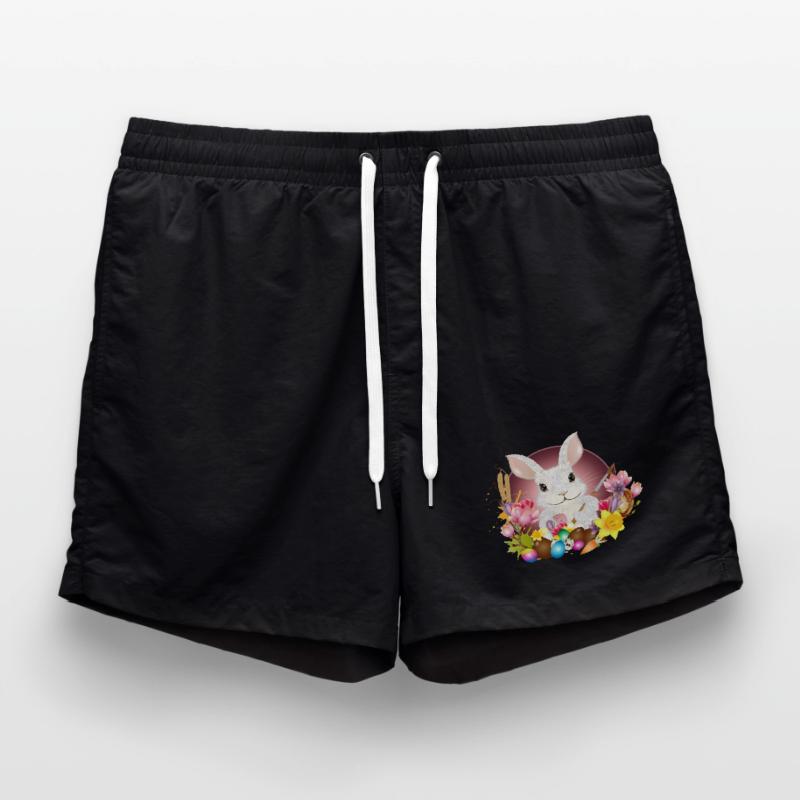 white rabbit with easter eggs as easter bunny Swim Trunks