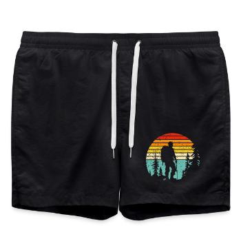 Hiker silhouette at retro bedtime - Swim Trunks - black - Front - AI Model Male 185 light (185cm)