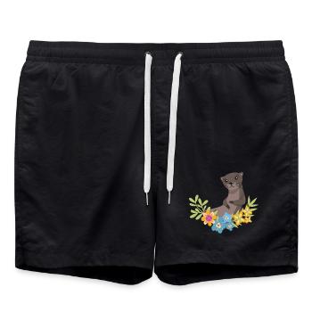 Sea Otter Cartoon Flower Floral - Swim Trunks - black - Front - AI Model Male 185 light (185cm)