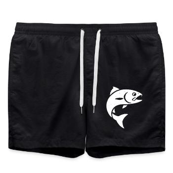 Trout jumps for joy towards the fishing rod - Swim Trunks - black - Front - AI Model Male 185 light (185cm)